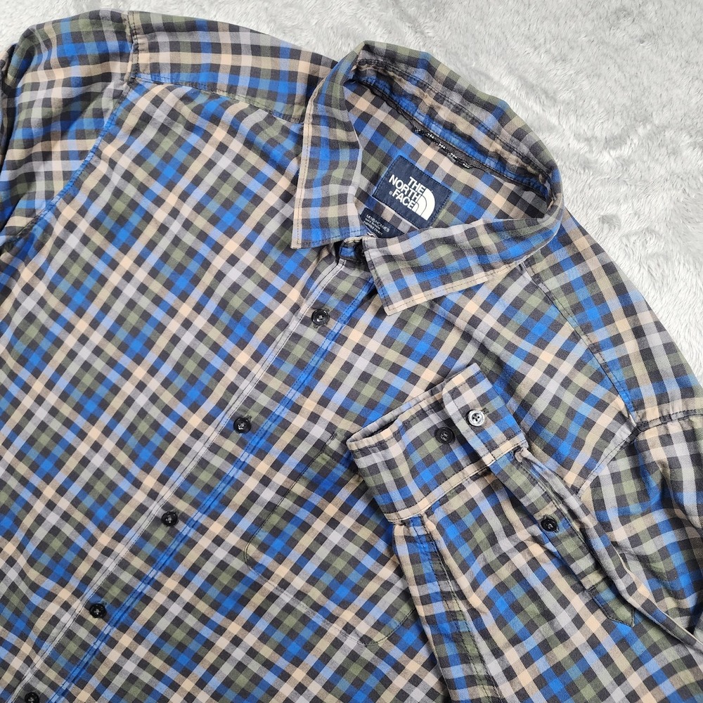 The North Face Mens Plaid Button-Down Shirt in Blue, Gray, Tan